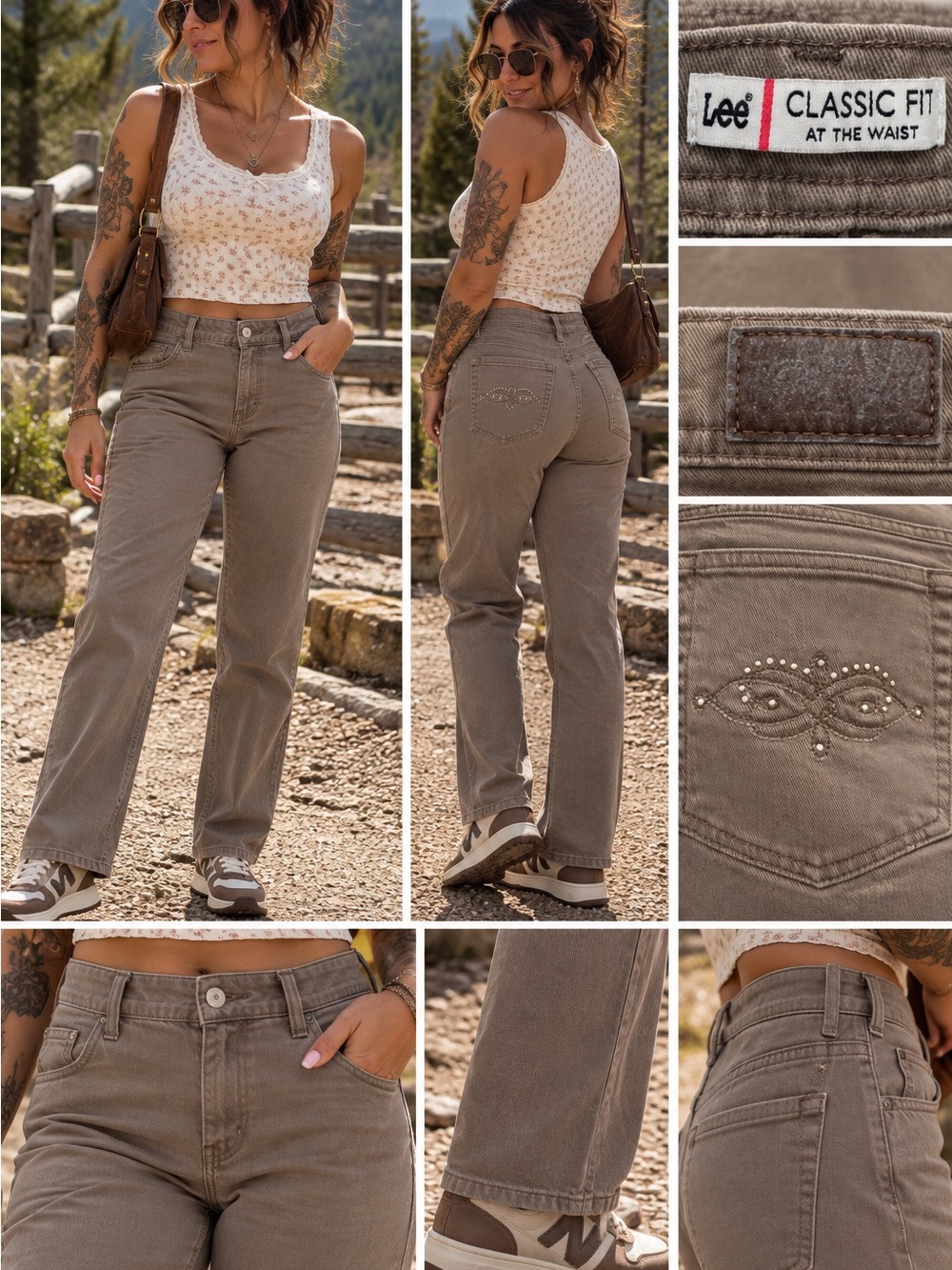 Lee Classic Fit Brown Straight Leg Jeans Rhinestone Embroidered Pockets Size 4